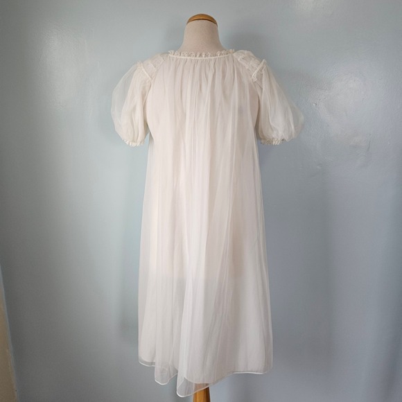 Vintage Gotham Gold Stripe White Nylon Sheer Lace Peignoir S Puff Sleeve Bridal - Picture 5 of 7